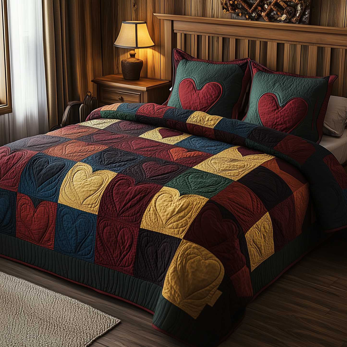 Burgundy Heart Shape 3-Piece Quilted Bedding Set GFTOHD444