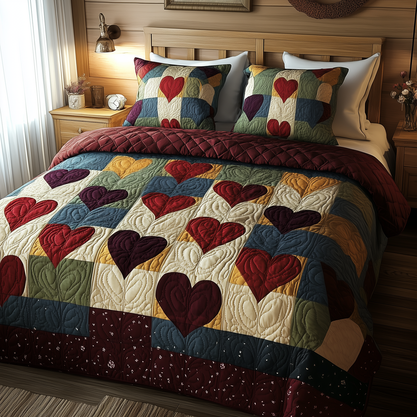 Burgundy Heart Shape 3-Piece Quilted Bedding Set GFTOHD445