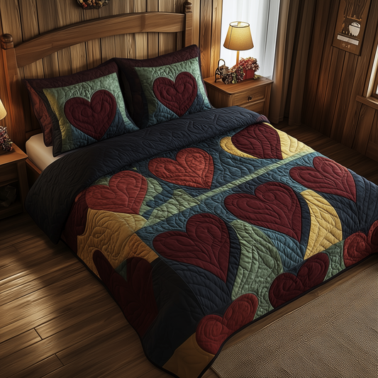 Burgundy Heart Shape 3-Piece Quilted Bedding Set GFTOHD446