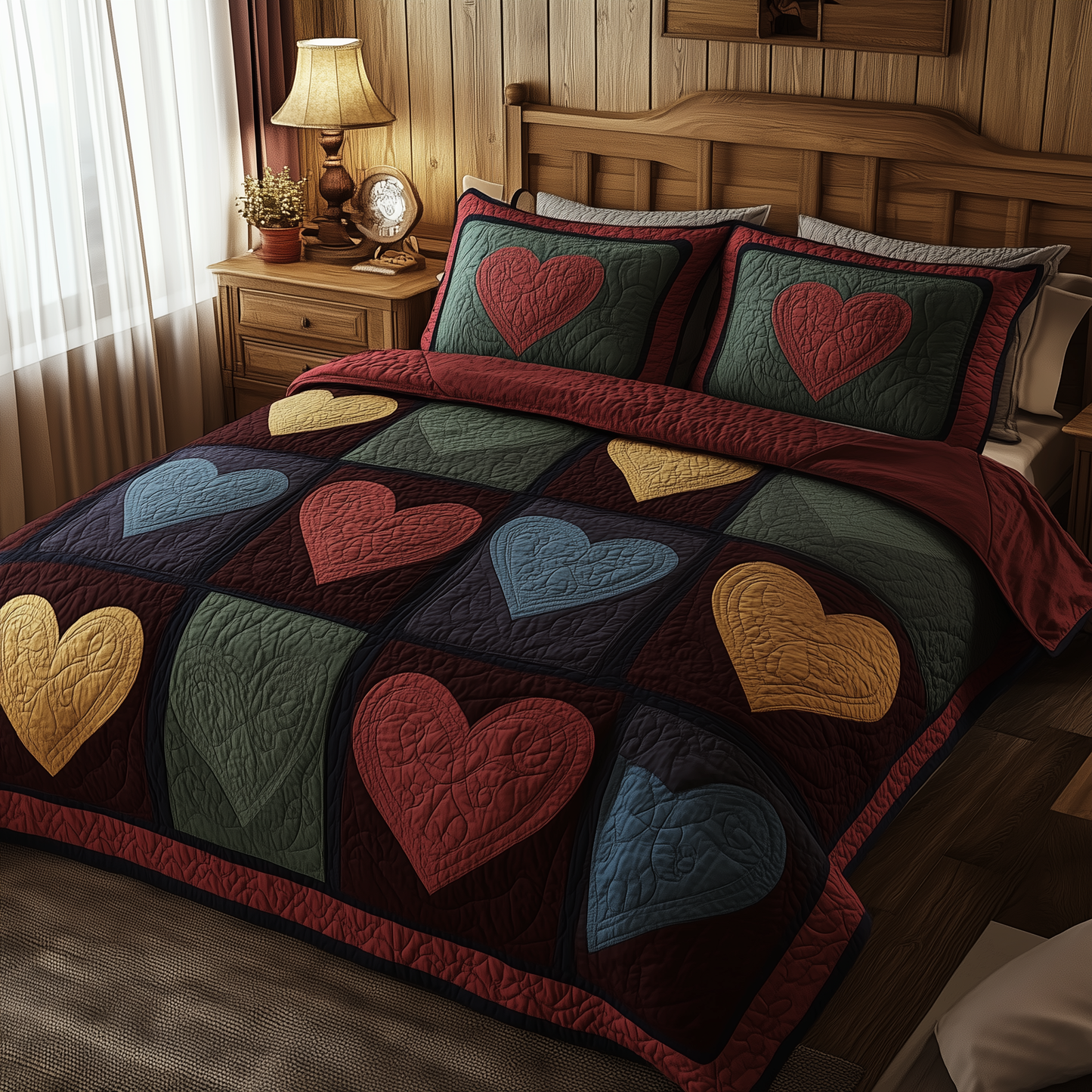 Burgundy Heart Shape 3-Piece Quilted Bedding Set GFTOHD447