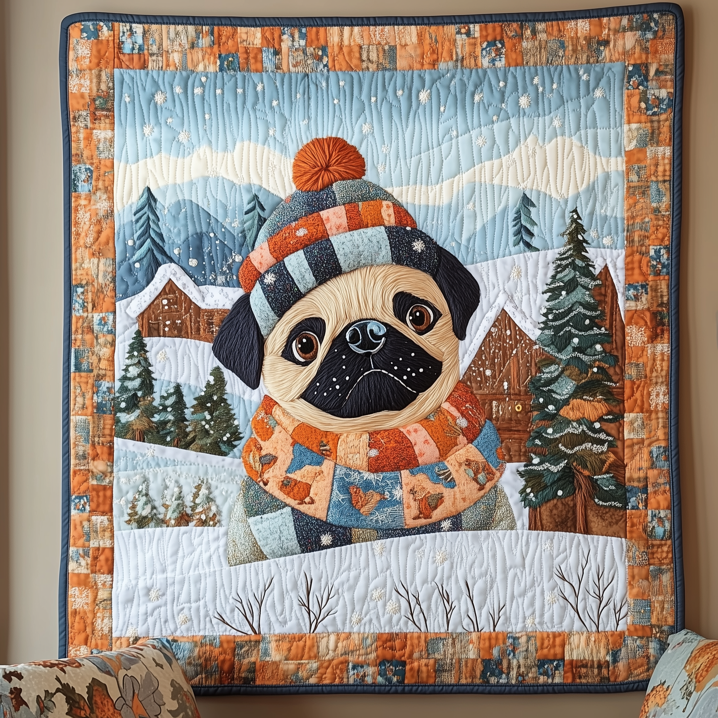 Snowy Happy Pug Quilted Blanket GFTOHD461