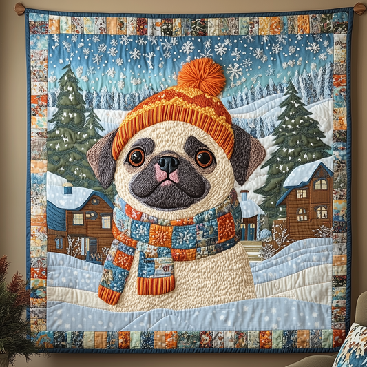 Snowy Happy Pug Quilted Blanket GFTOHD462