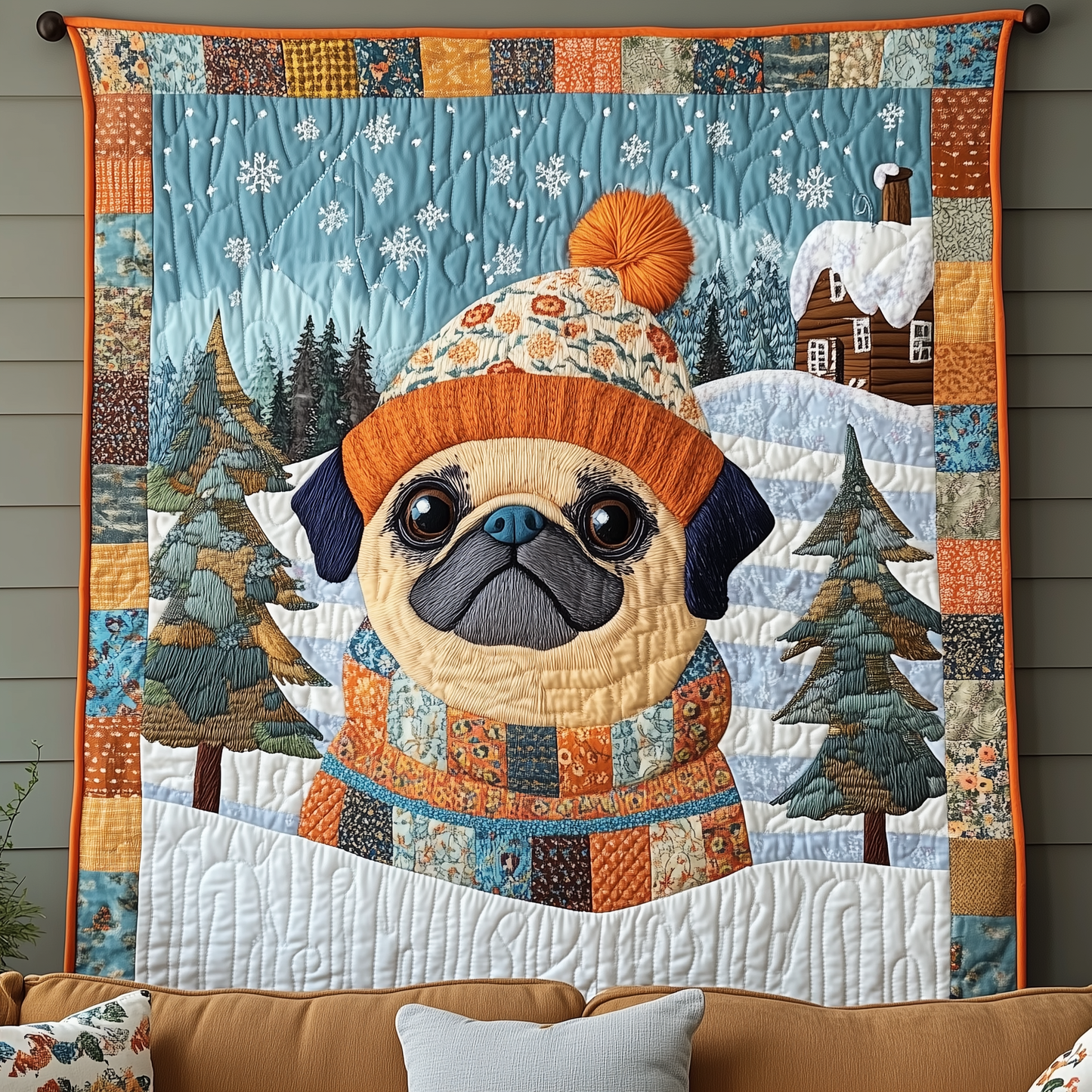 Snowy Happy Pug Quilted Blanket GFTOHD463