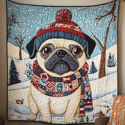 Snowy Happy Pug Quilted Blanket GFTOHD464