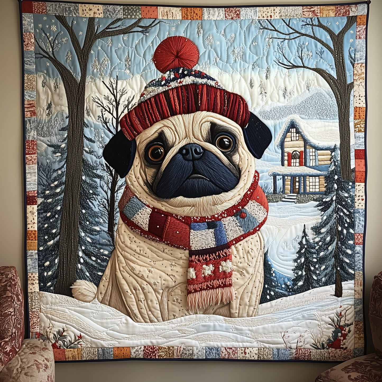 Snowy Happy Pug Quilted Blanket GFTOHD465