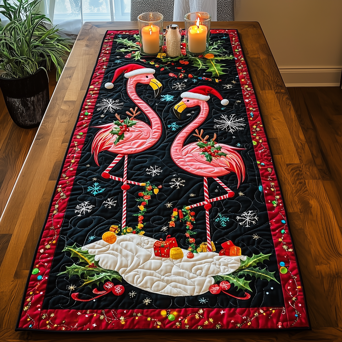 Christmas Flamingo Quilted Table Runner GFTOHD509