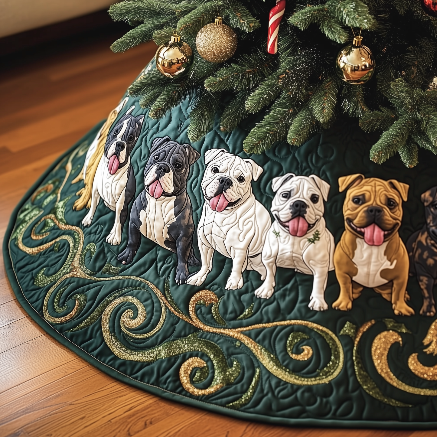 Happy Bulldog Christmas Quilted Tree Skirt GFTOHD576