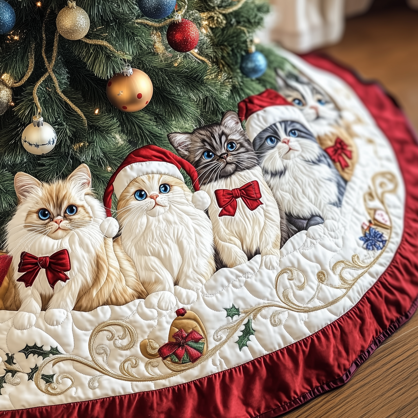 Festive Cat Quilted Tree Skirt GFTOHD600