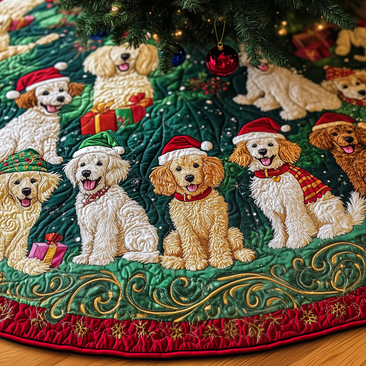 Christmas Poodle Cheer Quilted Tree Skirt GFTOHD701