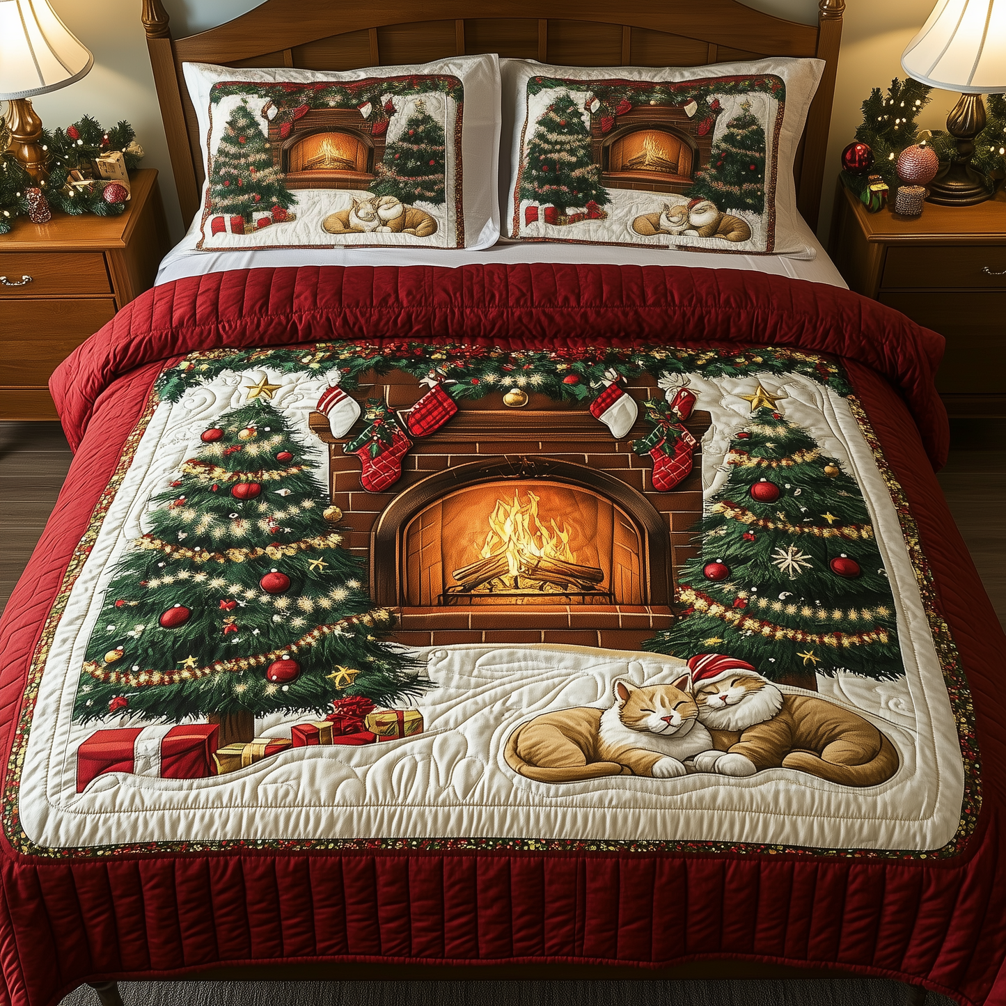 Christmas Cozy Fireplace 3-Piece Quilted Bedding Set GFTOHD846