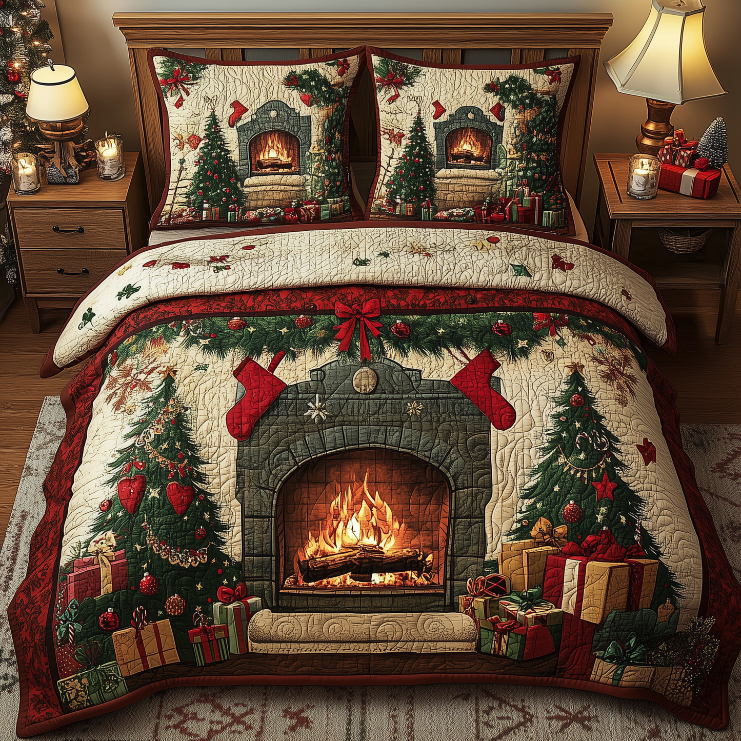 Christmas Cozy Fireplace 3-Piece Quilted Bedding Set GFTOHD847