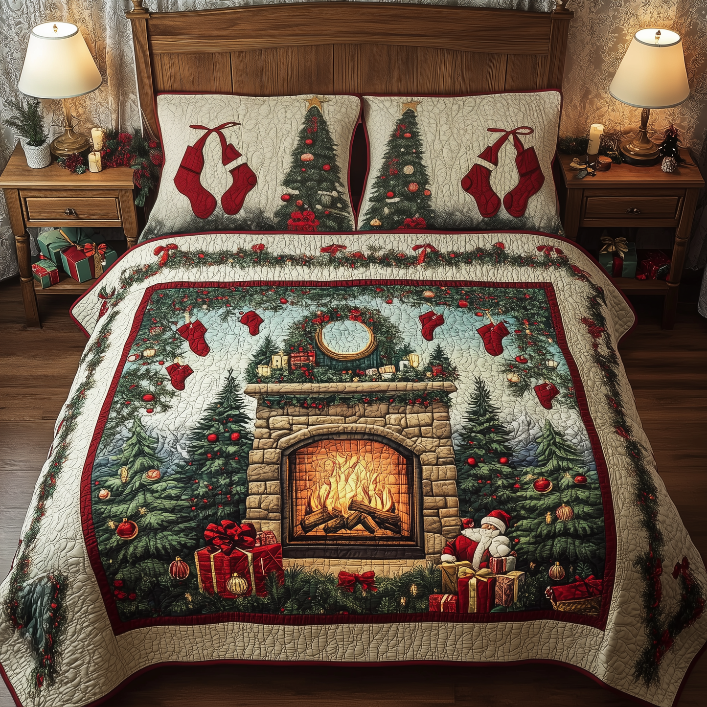 Christmas Cozy Fireplace 3-Piece Quilted Bedding Set GFTOHD849