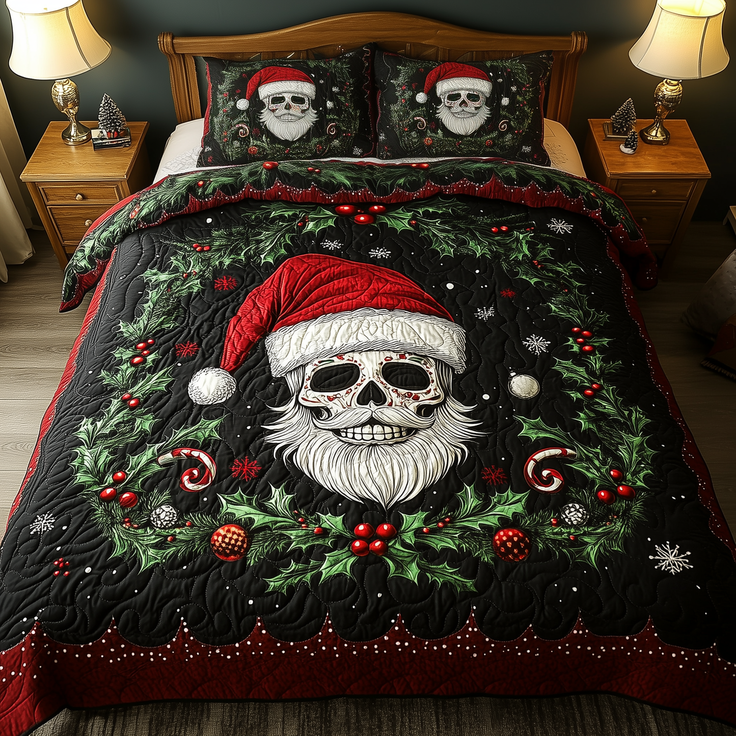 Festive Santa Skull 3-Piece Quilted Bedding Set GFTOHD865