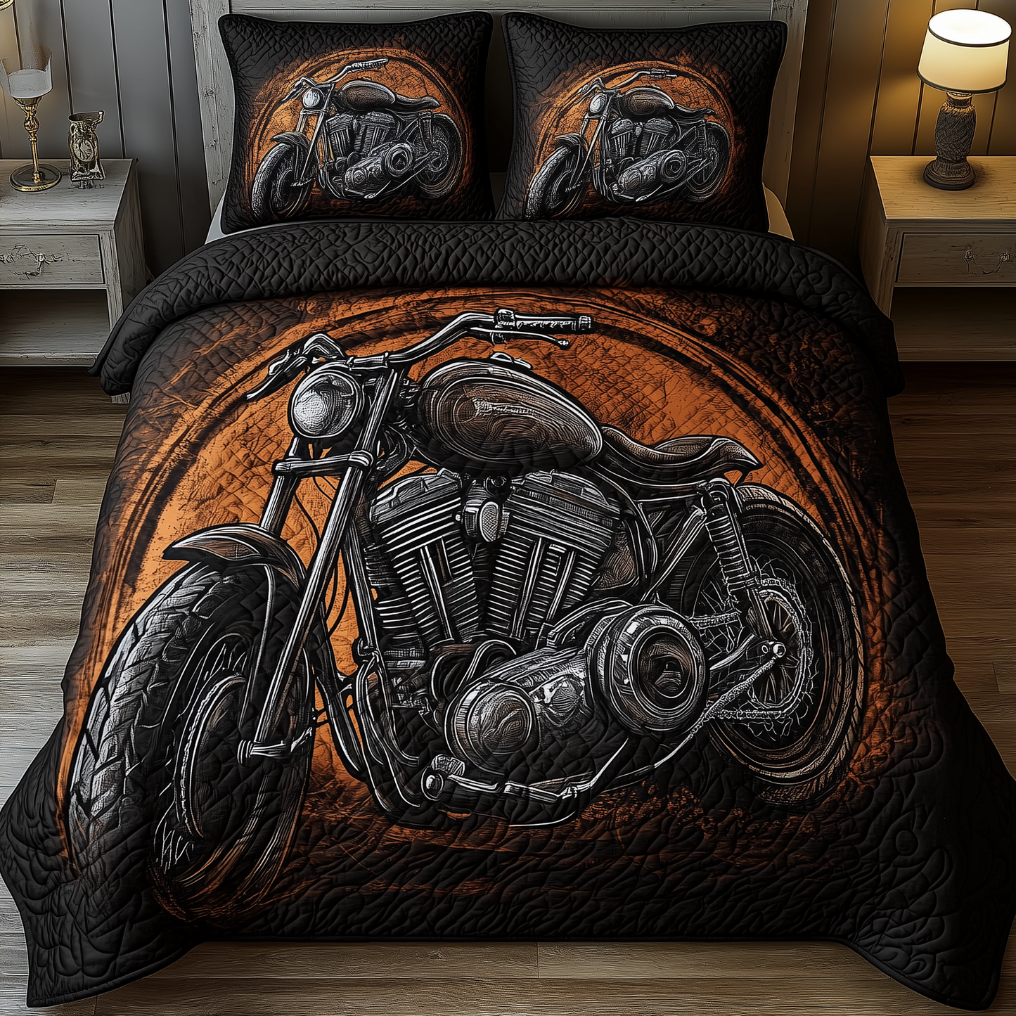 Black Motorcycle 3-Piece Quilted Bedding Set GFTOHD957