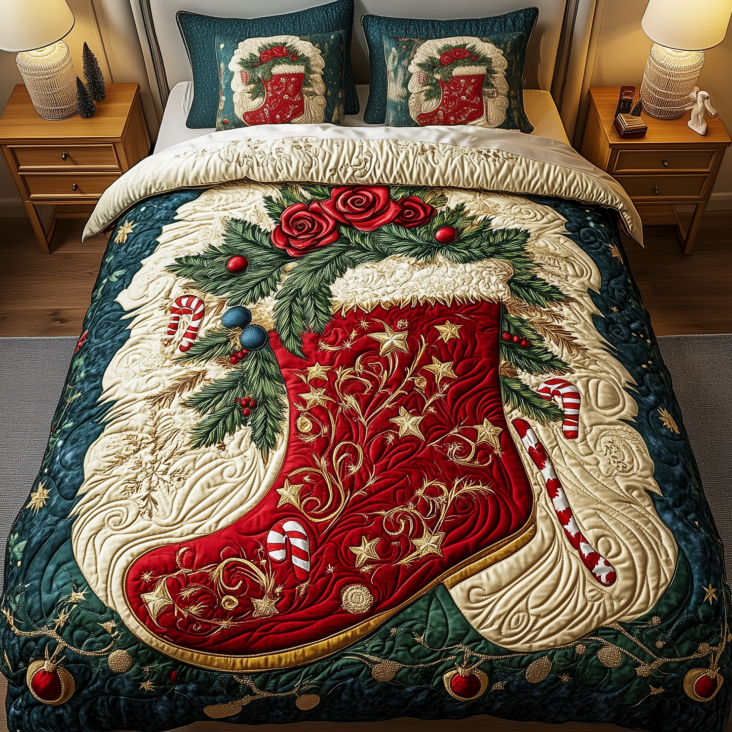 Christmas Santa Boots 3-Piece Quilted Bedding Set GFTOHD989