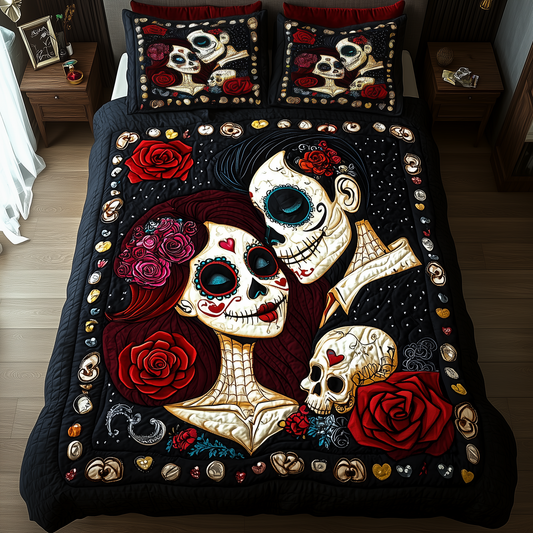 Sugar Skull Couple 3-Piece Quilted Bedding Set GFTONL1148