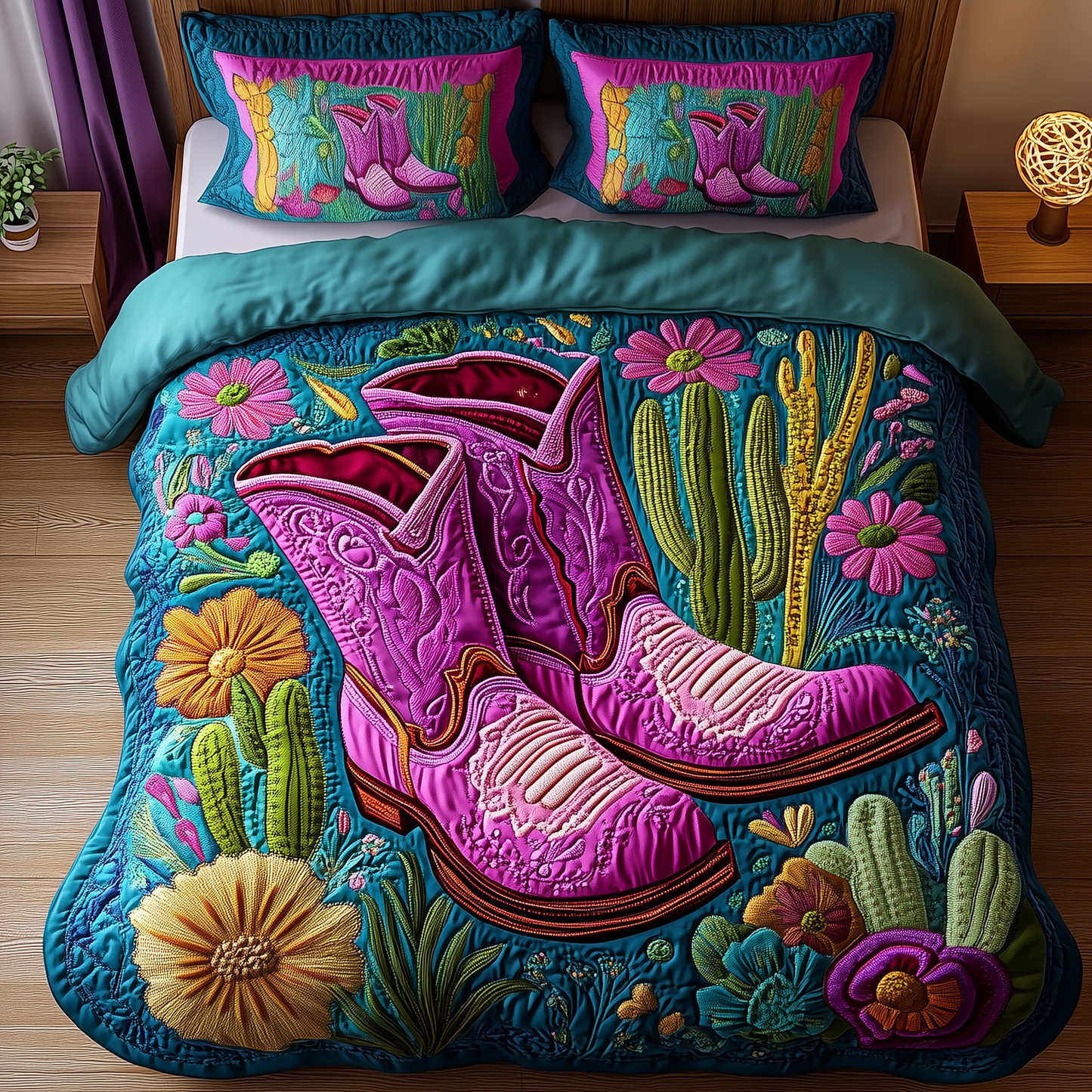 Cactus Cowboy Boot 3-Piece Quilted Bedding Set GFTONL1163