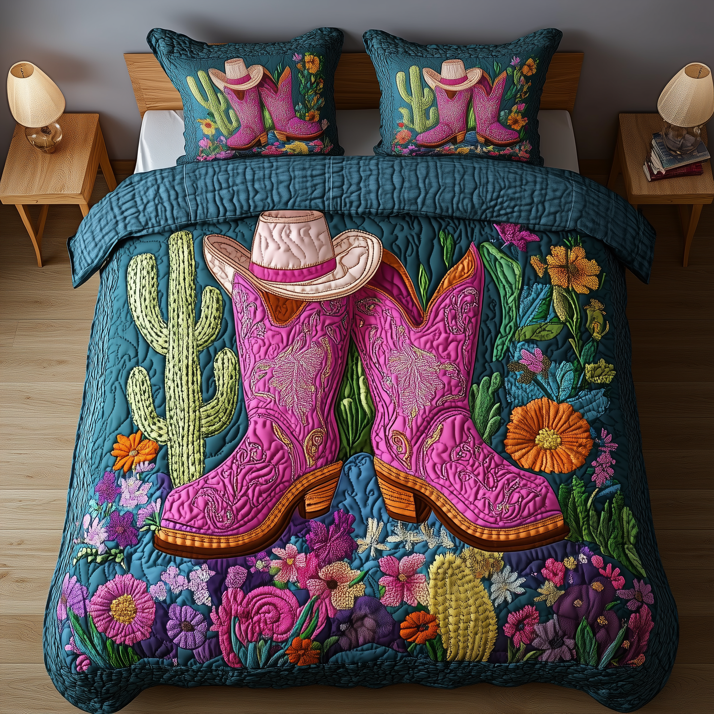 Cactus Cowboy Boot 3-Piece Quilted Bedding Set GFTONL1164