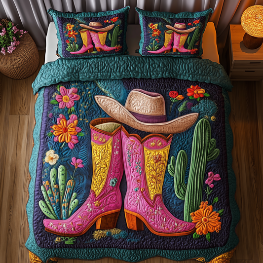 Cactus Cowboy Boot 3-Piece Quilted Bedding Set GFTONL1166