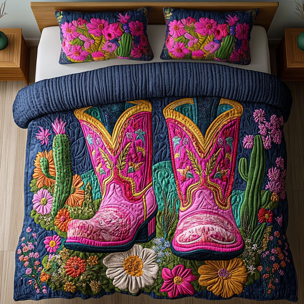 Cactus Cowboy Boot 3-Piece Quilted Bedding Set GFTONL1169