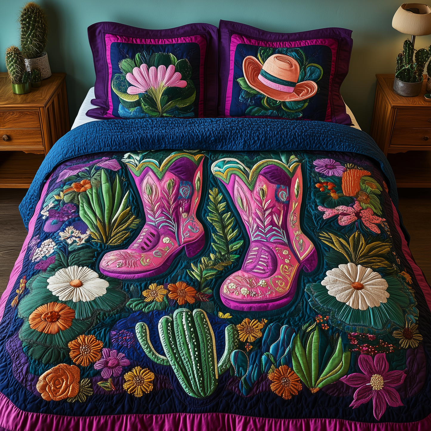 Cactus Cowboy Boot 3-Piece Quilted Bedding Set GFTONL1171