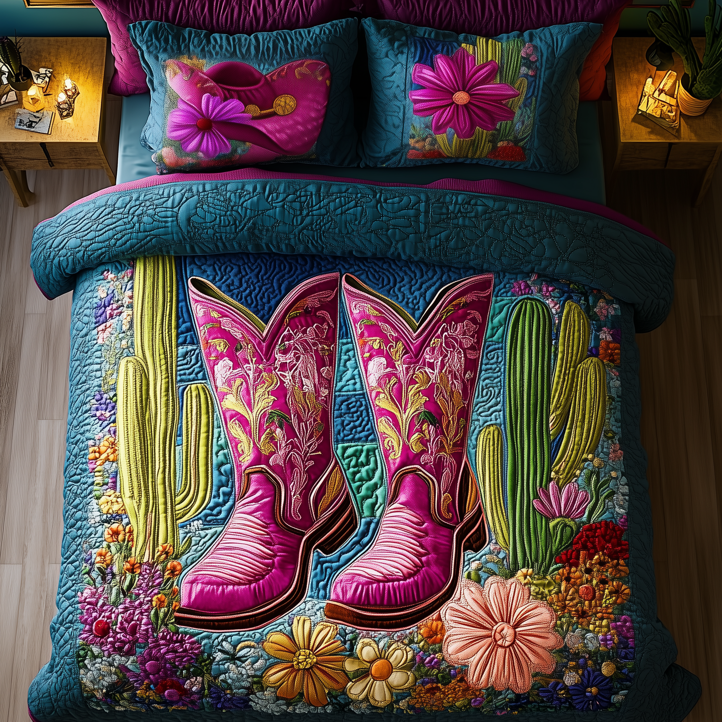 Cactus Cowboy Boot 3-Piece Quilted Bedding Set GFTONL1172