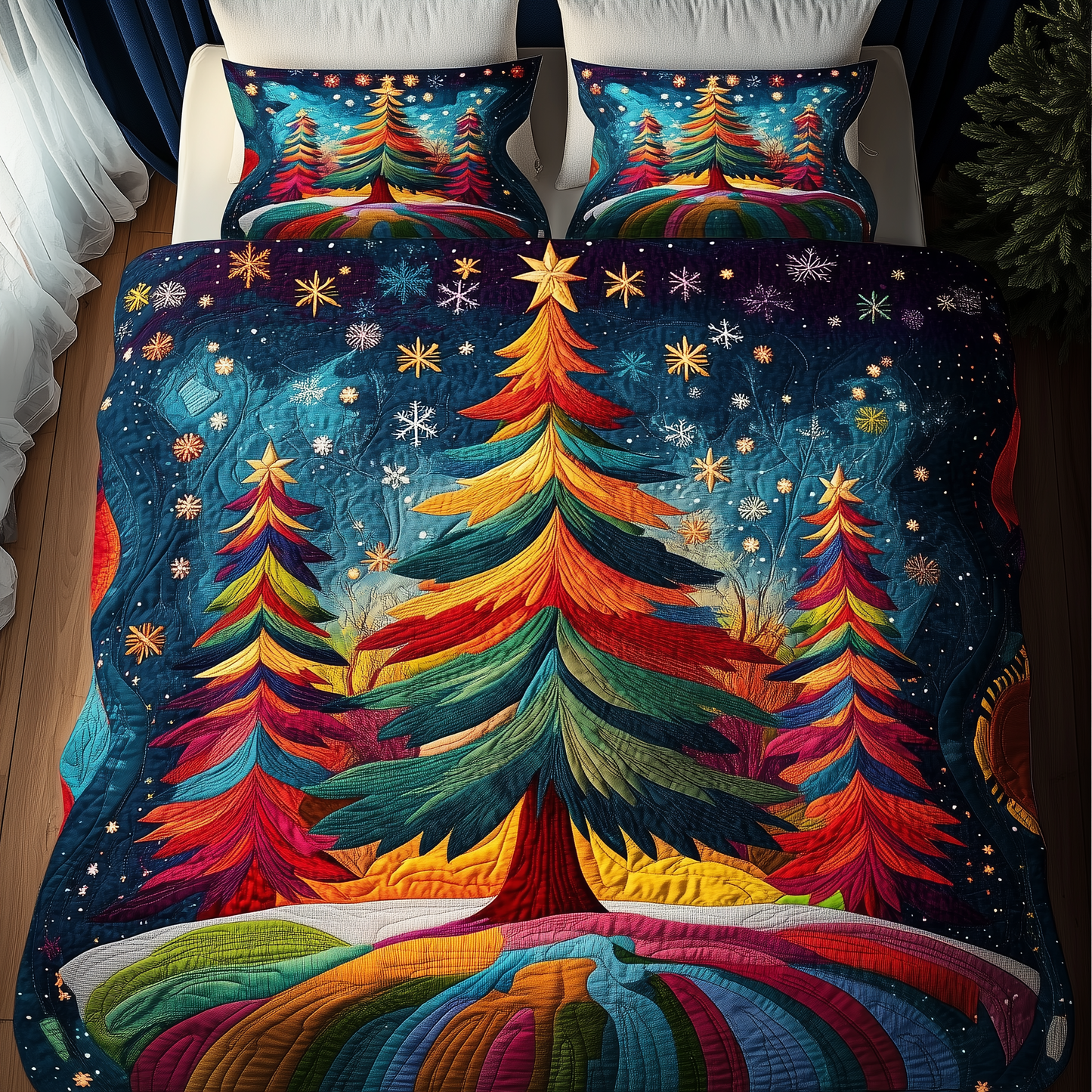 Colorful Christmas Tree 3-Piece Quilted Bedding Set GFTONL1209