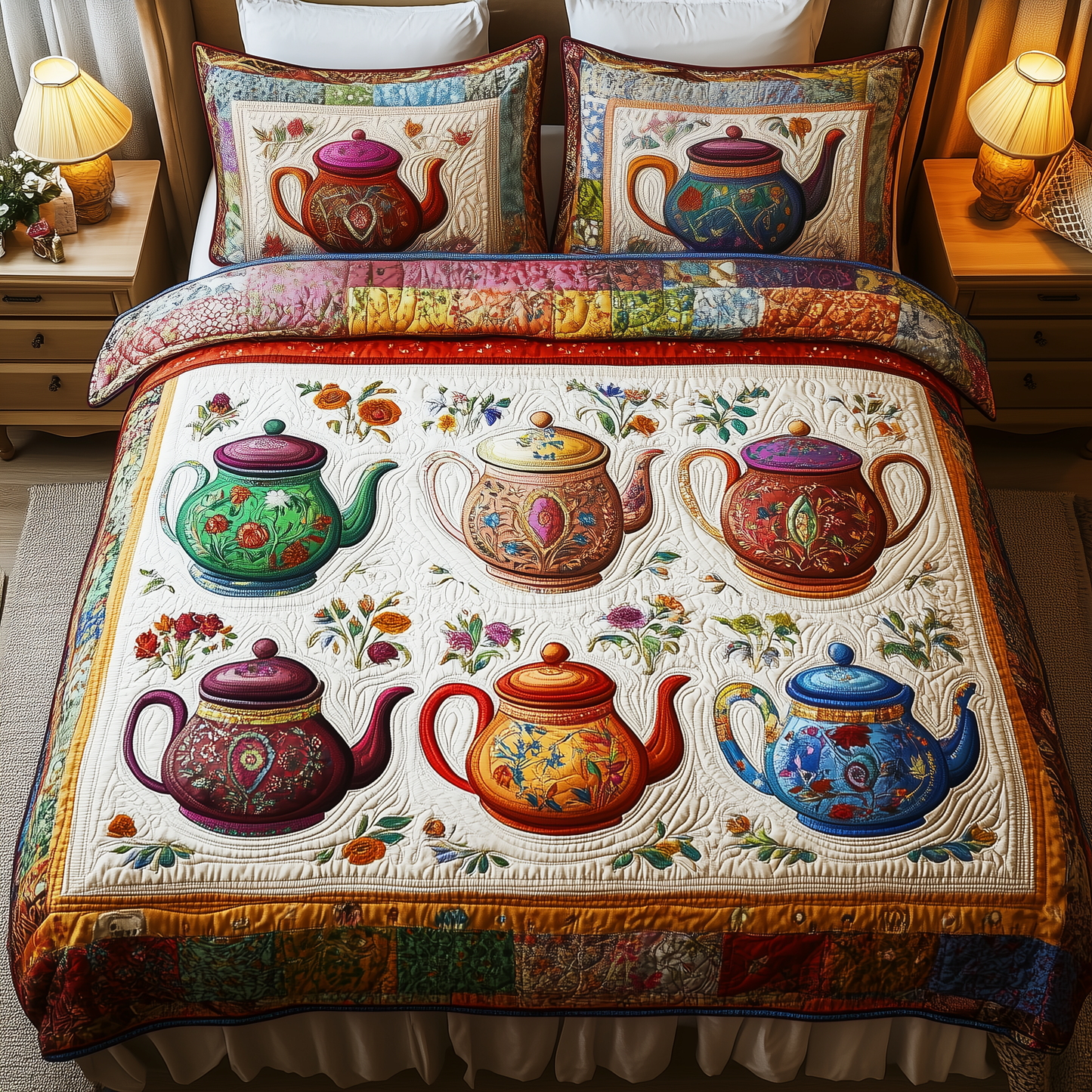 Vintage Teapot 3-Piece Quilted Bedding Set GFTONL1231