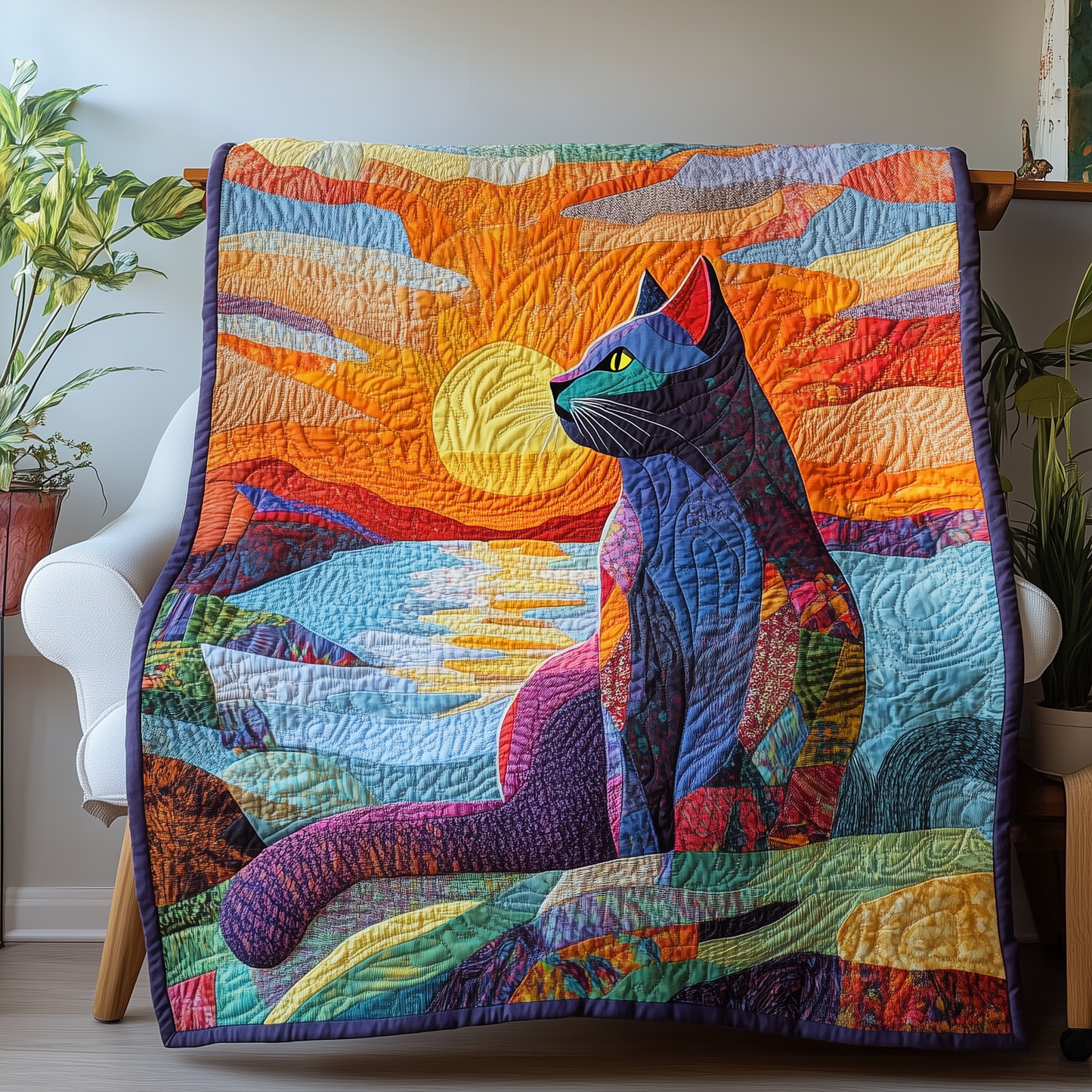 Cat Watching Sunset Quilted Blanket GFTONL1241