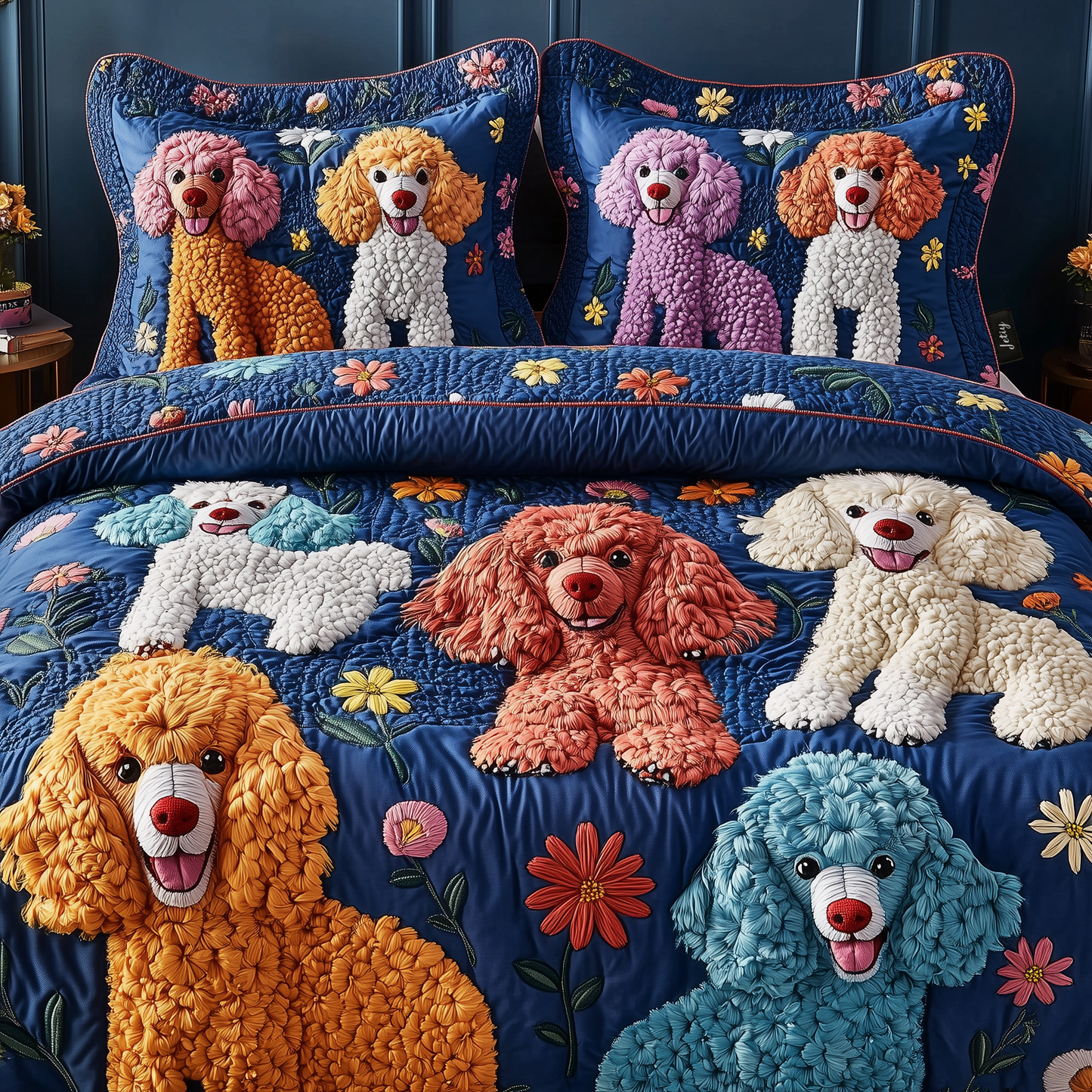 Floral Poodle 3-Piece Quilted Bedding Set GFTONL1288