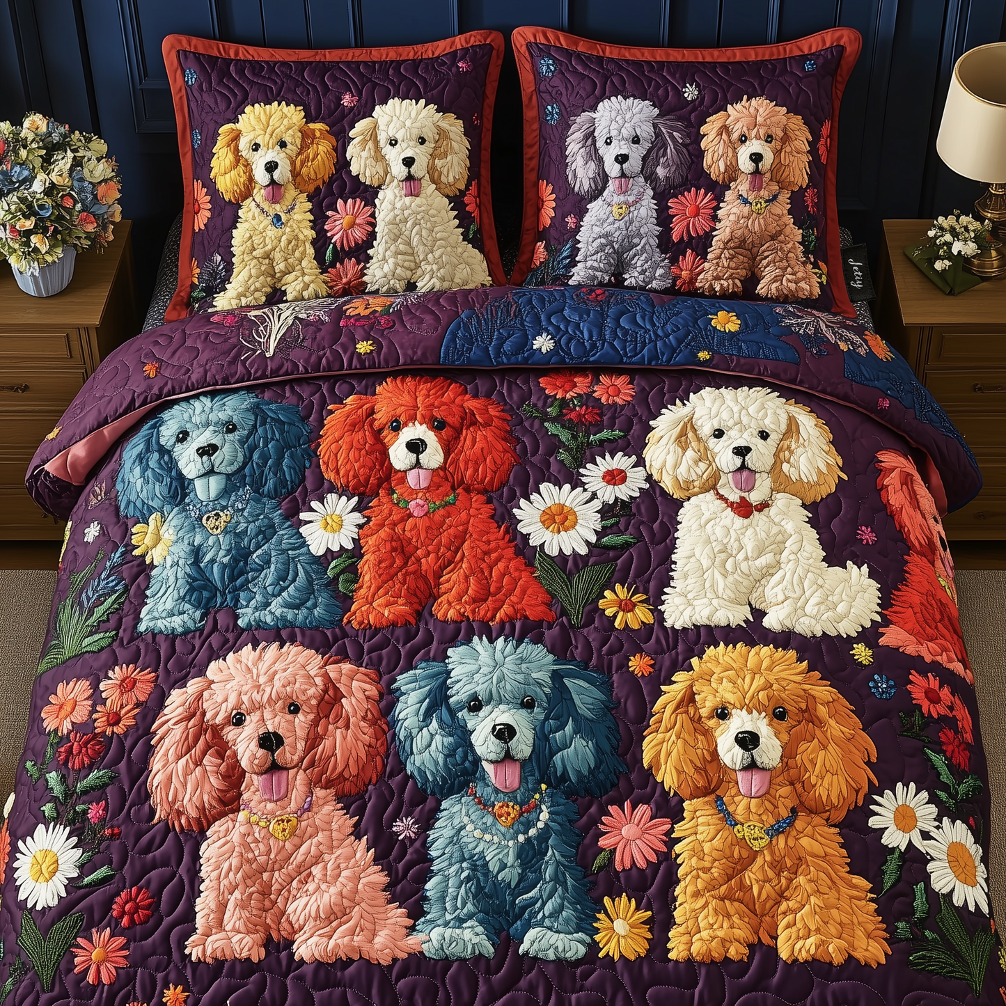 Floral Poodle 3-Piece Quilted Bedding Set GFTONL1289