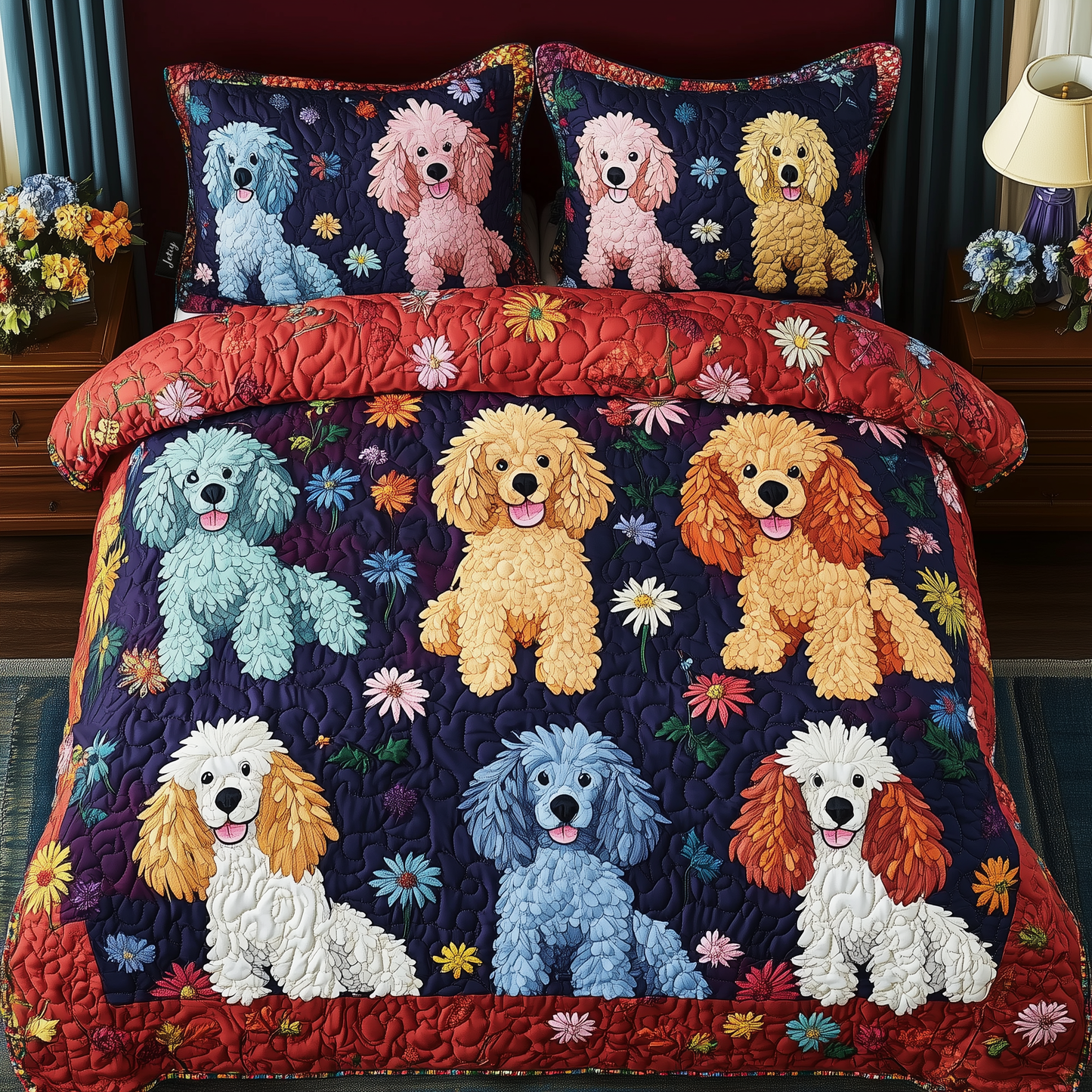 Floral Poodle 3-Piece Quilted Bedding Set GFTONL1290