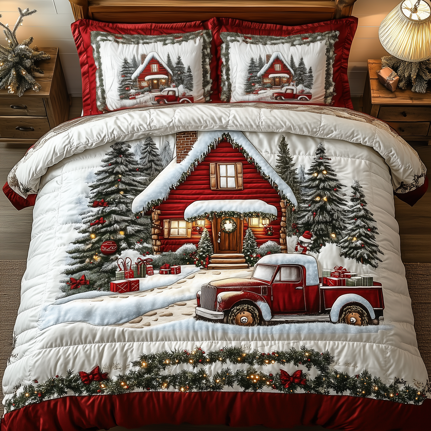 Vintage Red Truck And Cabin 3-Piece Quilted Bedding Set GFTONL1307