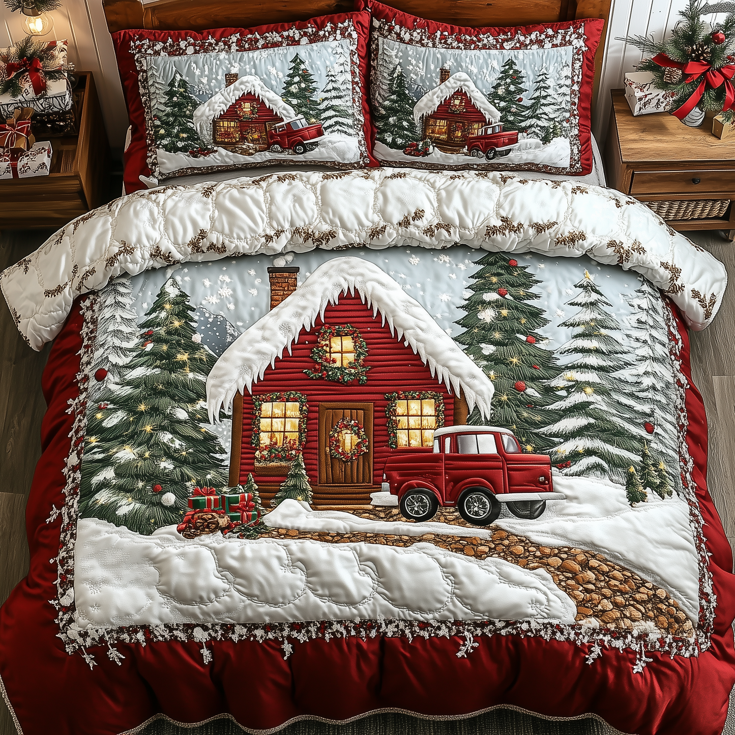 Vintage Red Truck And Cabin 3-Piece Quilted Bedding Set GFTONL1308