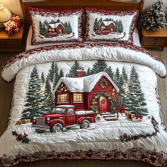 Vintage Red Truck And Cabin 3-Piece Quilted Bedding Set GFTONL1311