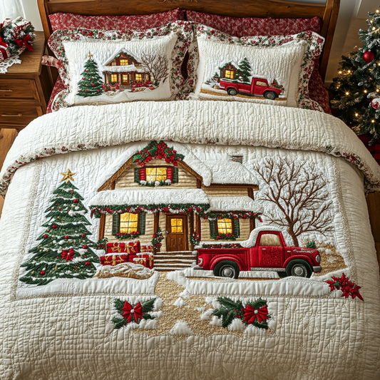 Vintage Red Truck And Cabin 3-Piece Quilted Bedding Set GFTONL1320