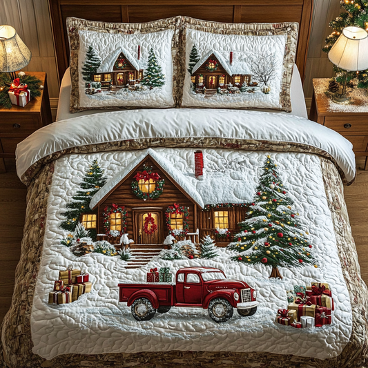 Vintage Red Truck And Cabin 3-Piece Quilted Bedding Set GFTONL1321