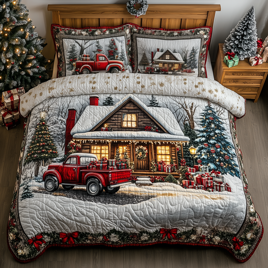 Vintage Red Truck And Cabin 3-Piece Quilted Bedding Set GFTONL1327