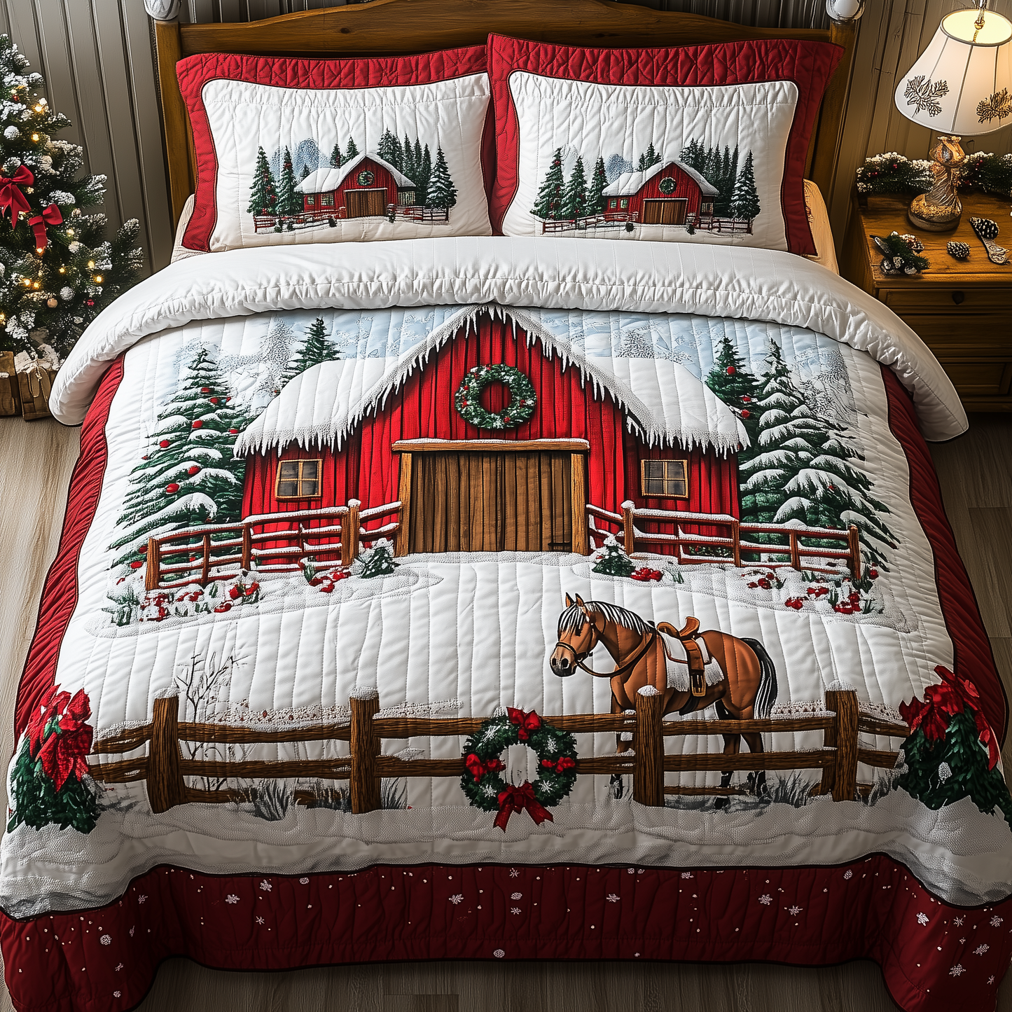 Snowy Horse Farmhouse 3-Piece Quilted Bedding Set GFTONL1373