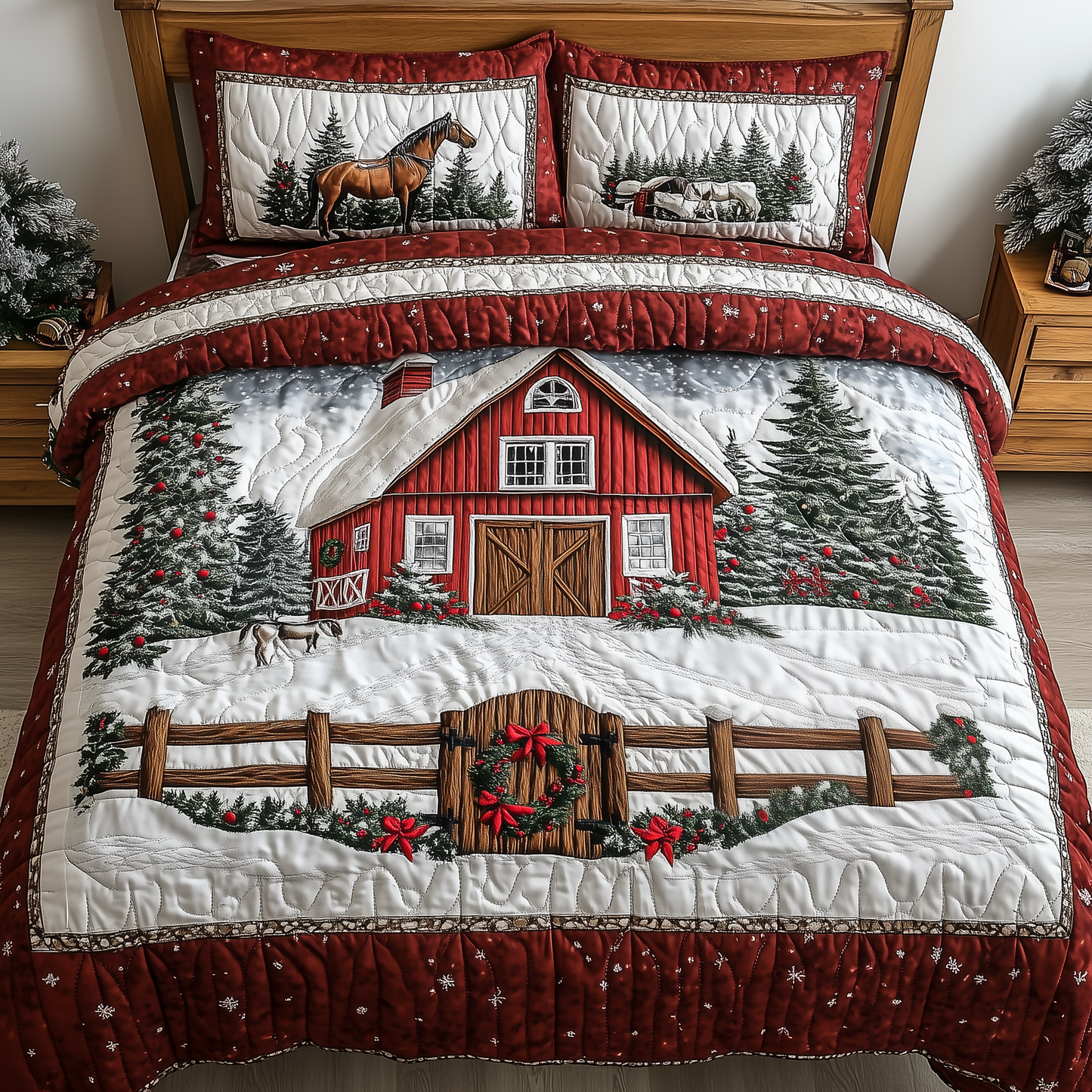 Snowy Horse Farmhouse 3-Piece Quilted Bedding Set GFTONL1377