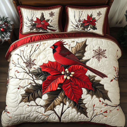 Vintage Cardinal Poinsettia Flower 3-Piece Quilted Bedding Set GFTONL1380