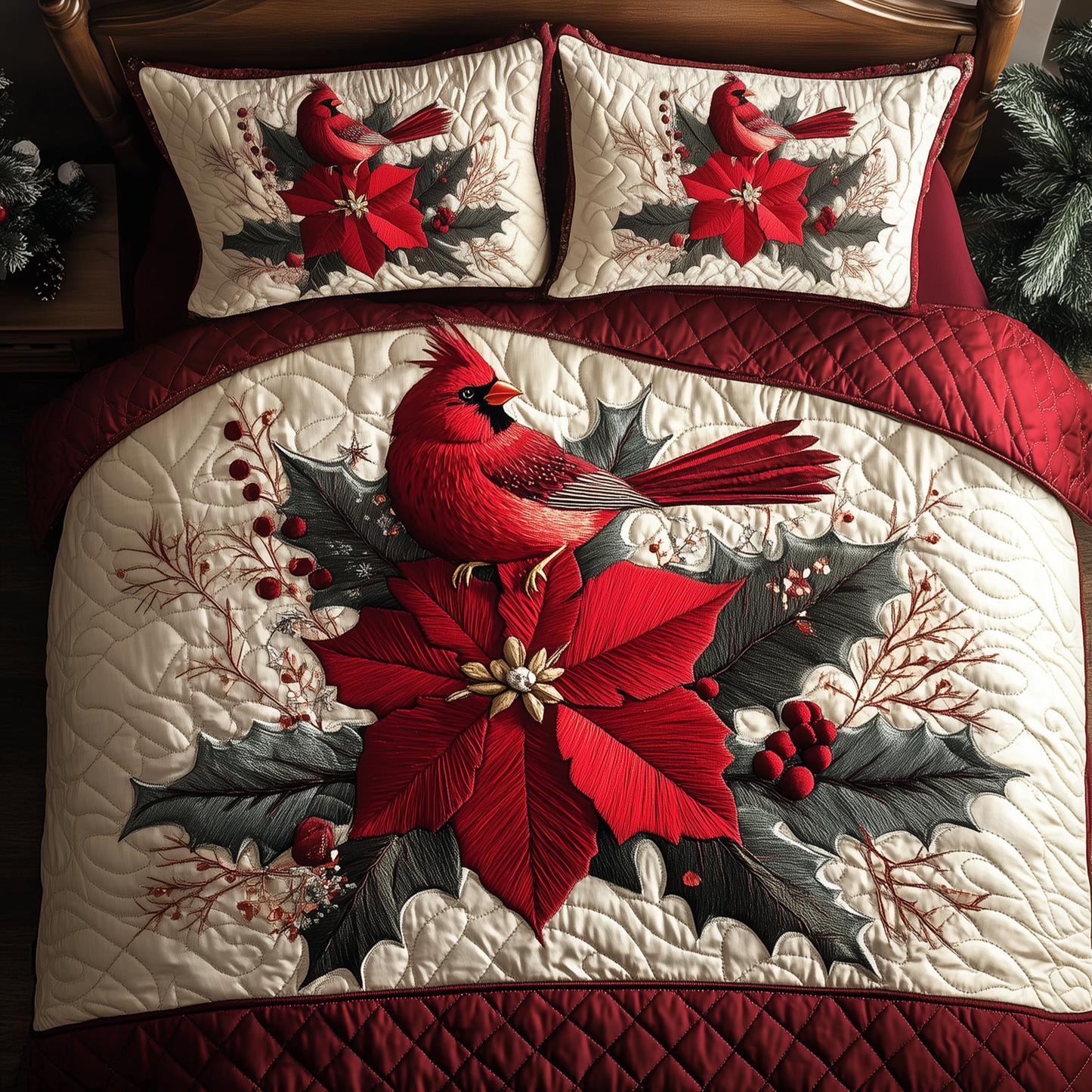 Vintage Cardinal Poinsettia Flower 3-Piece Quilted Bedding Set GFTONL1382