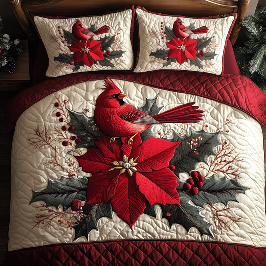 Vintage Cardinal Poinsettia Flower 3-Piece Quilted Bedding Set GFTONL1382