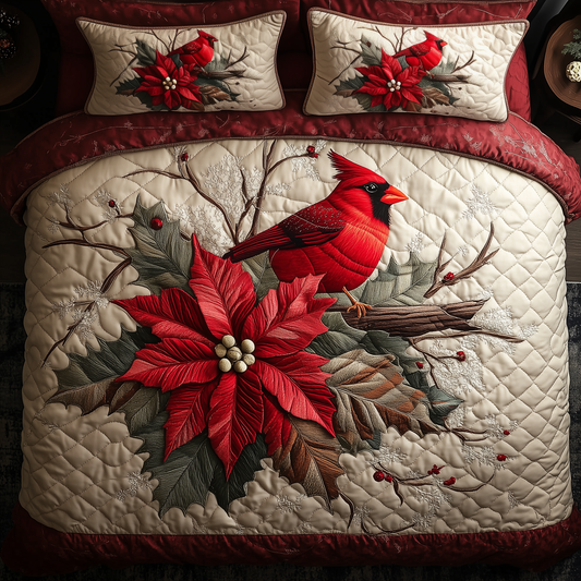 Vintage Cardinal Poinsettia Flower 3-Piece Quilted Bedding Set GFTONL1385