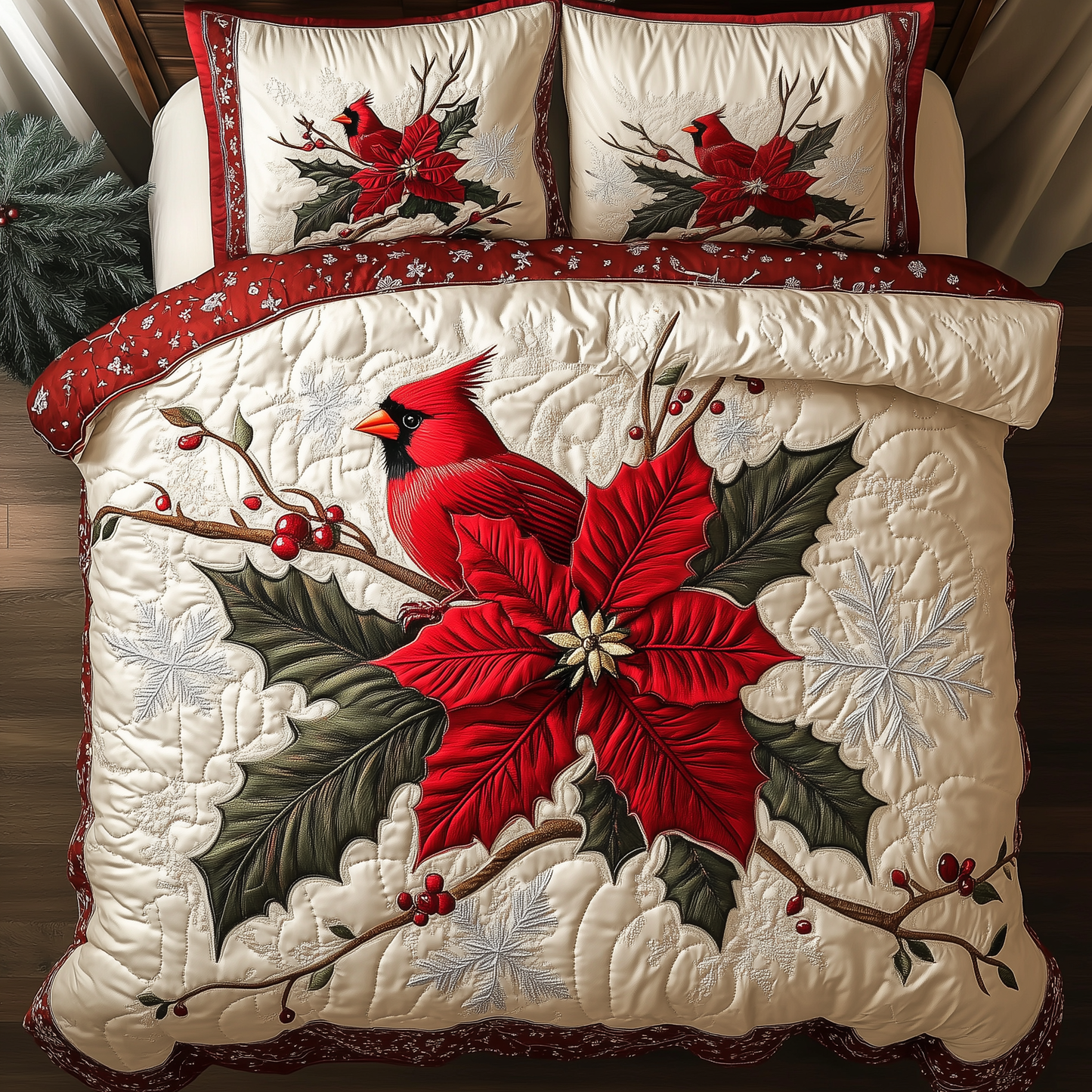 Vintage Cardinal Poinsettia Flower 3-Piece Quilted Bedding Set GFTONL1388