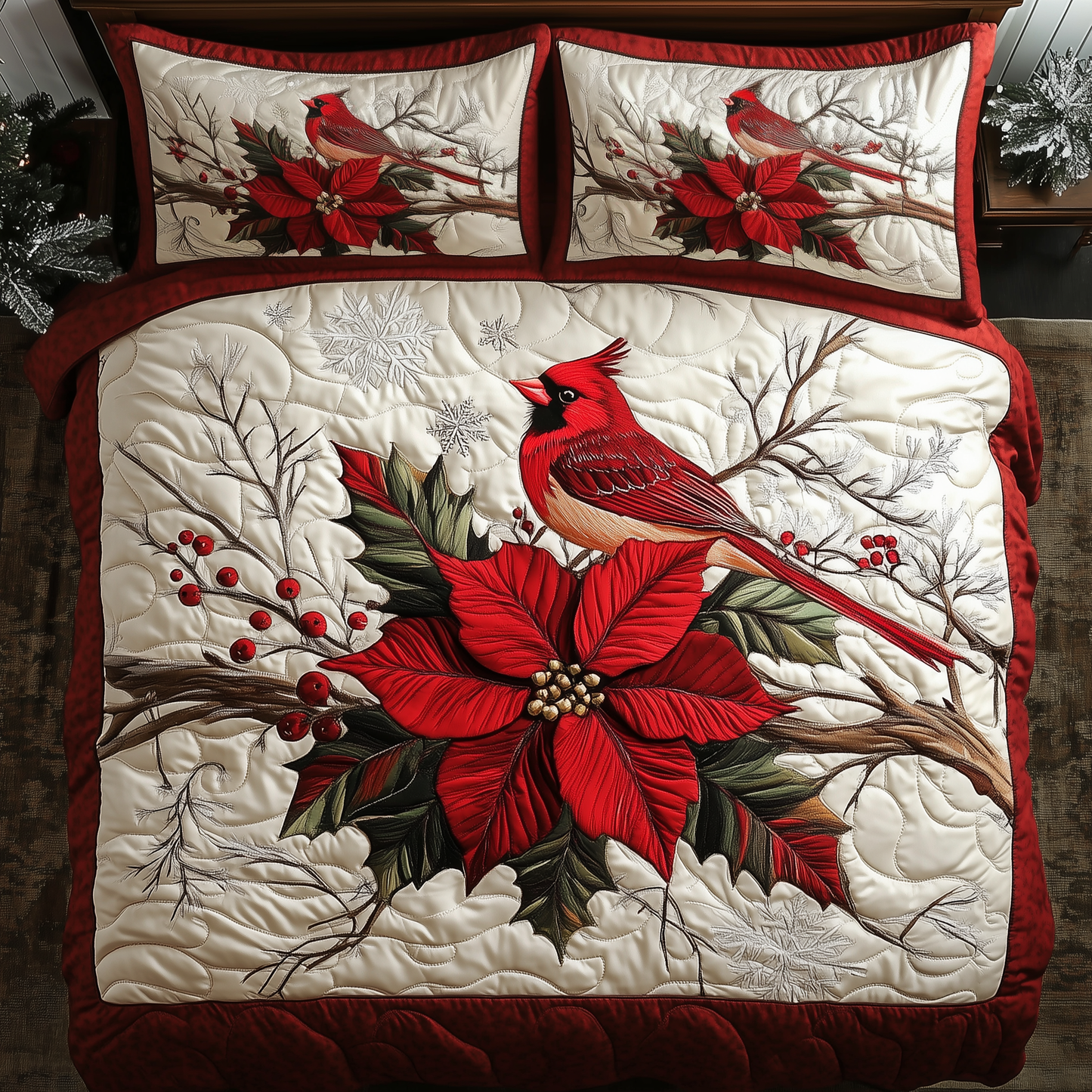 Vintage Cardinal Poinsettia Flower 3-Piece Quilted Bedding Set GFTONL1389