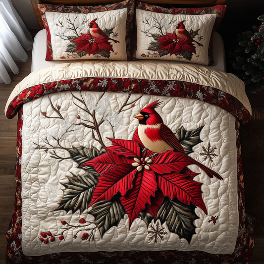 Vintage Cardinal Poinsettia Flower 3-Piece Quilted Bedding Set GFTONL1390