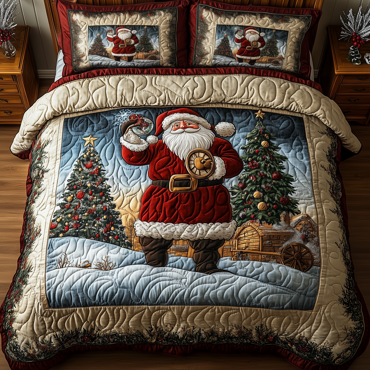 Vintage Santa 3-Piece Quilted Bedding Set GFTONL1397