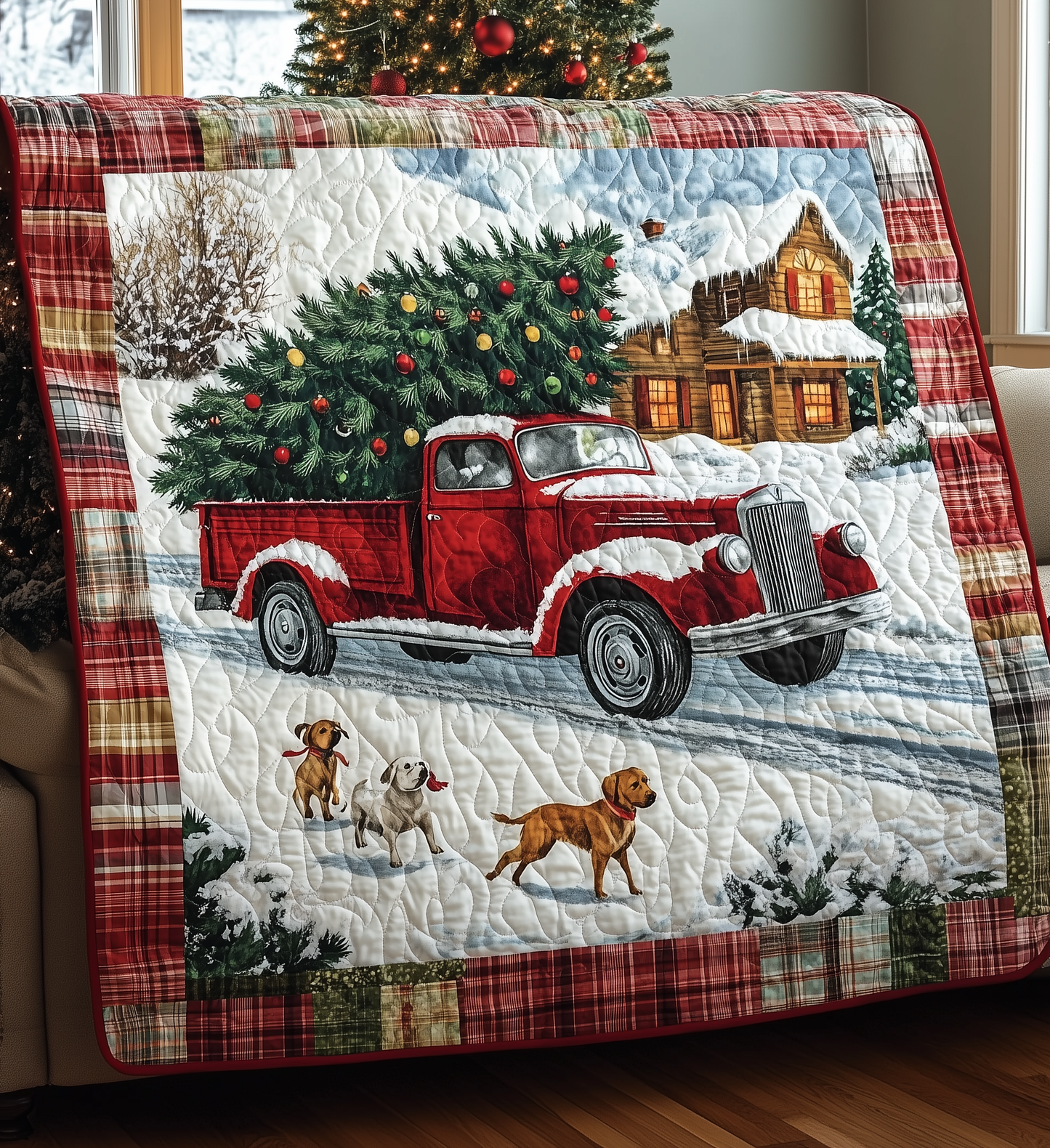 Cheerful Christmas Red Truck Quilted Blanket GFTONL188