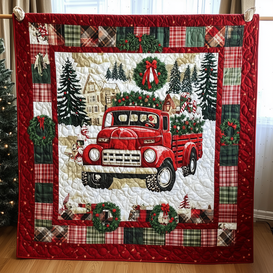 Cheerful Christmas Red Truck Quilted Blanket GFTONL194